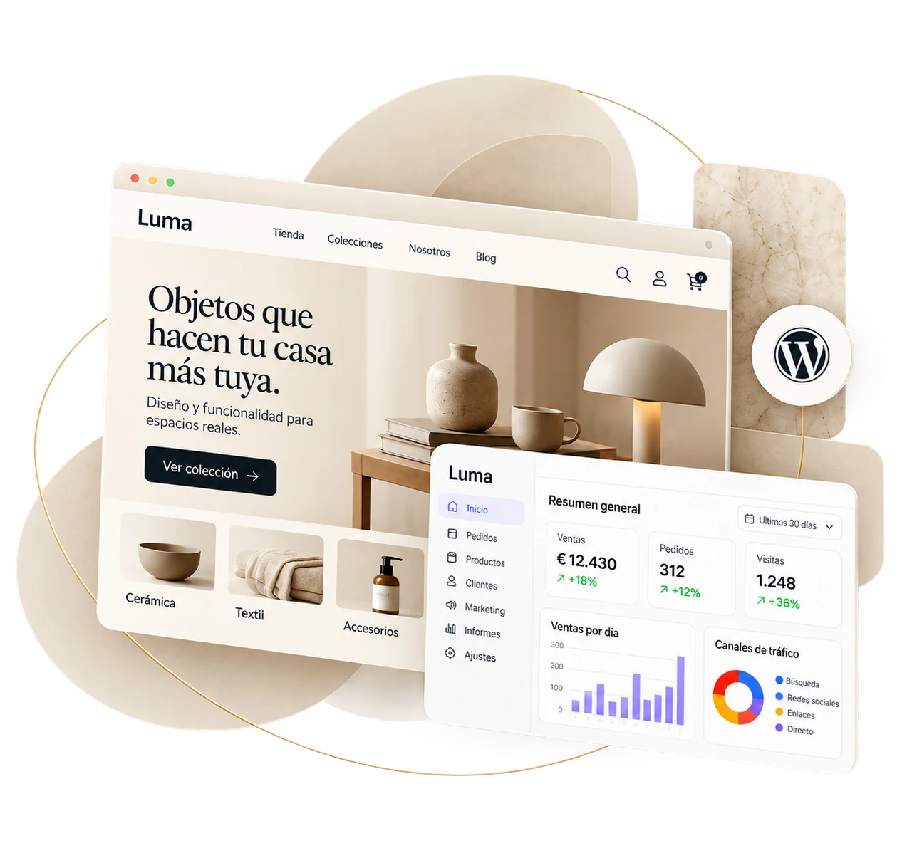 Luma storefront and management dashboard on warm shapes, with the WordPress logo