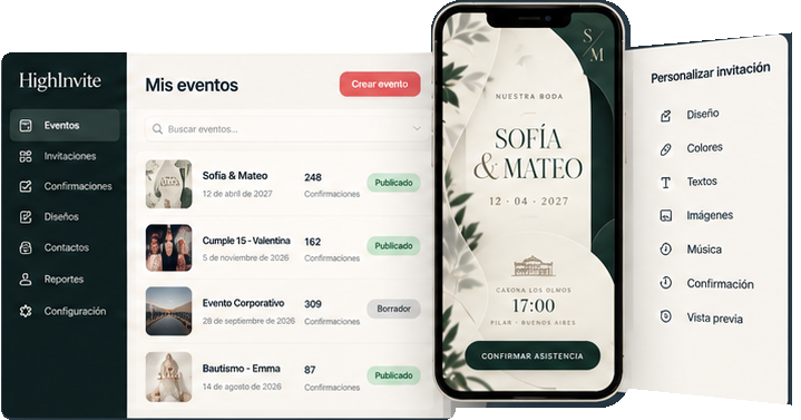 HighInvite events, mobile invitation and customization views included in the design