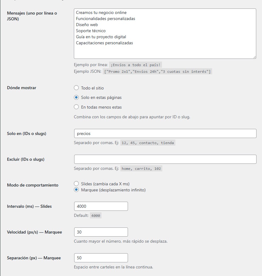 barra animada anuncios wordpress woocommerce backend