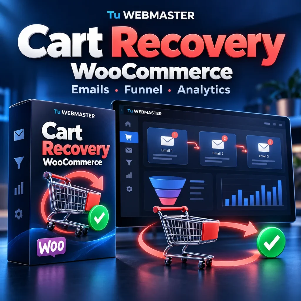 Ilustración de Cart Recovery de Tu WEBMASTER: secuencia de emails, carrito de WooCommerce, embudo y analíticas