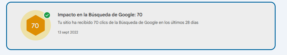 Logro histórico de Search Console: 70 clics de Google en 28 días, registrado el 13 de septiembre de 2022
